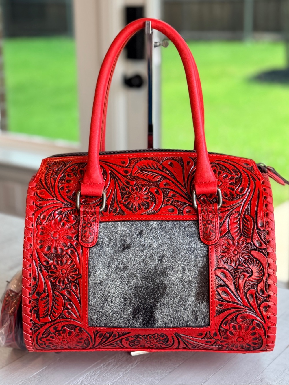 Genuine Leather Cowhide Western SpeedyPurse Tooled Floral Red Satchel Bag Medium
